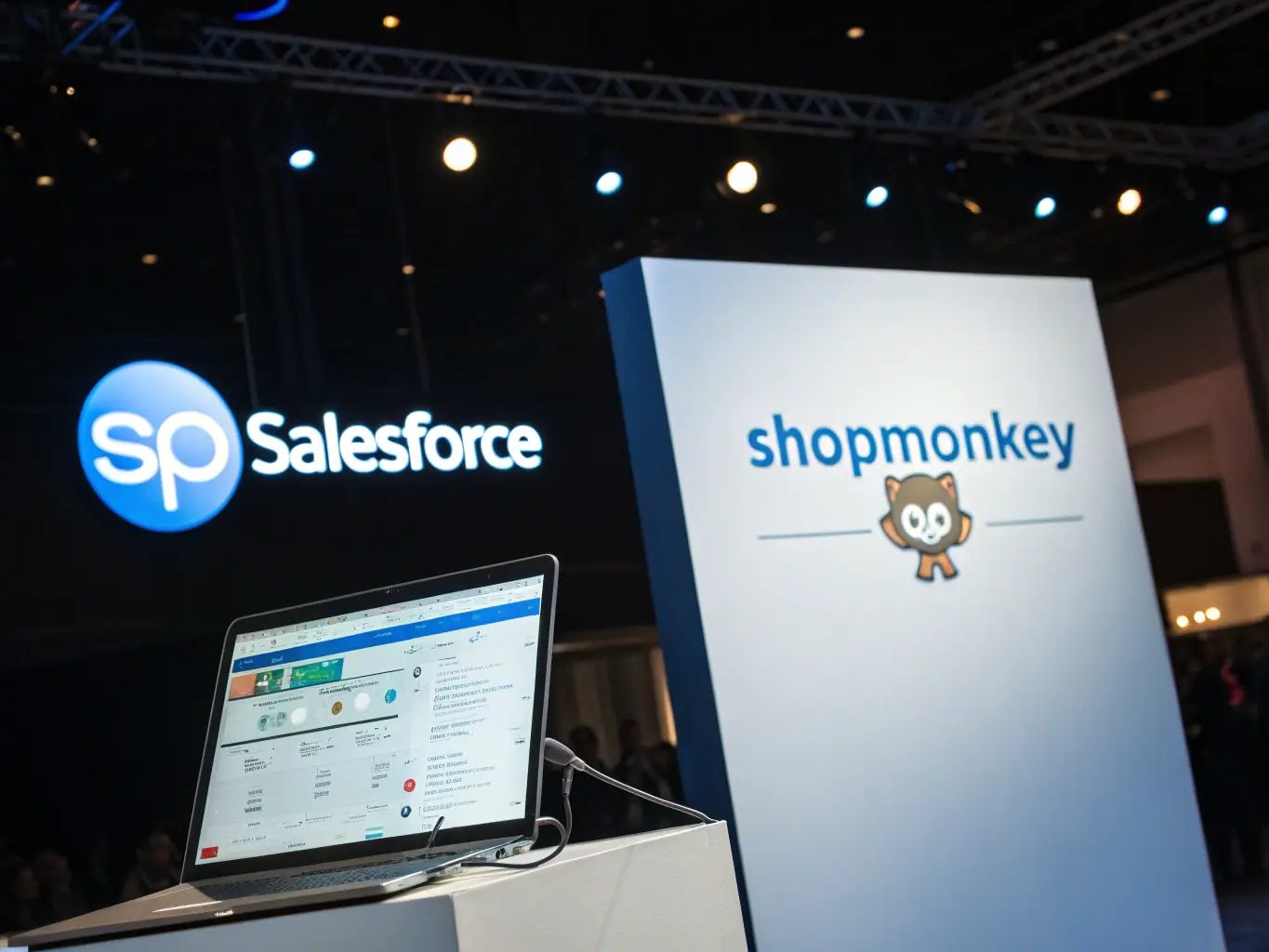 A split image showing the Salesforce logo on one side and the Shopmonkey interface on the other, symbolizing a direct comparison between the two platforms.