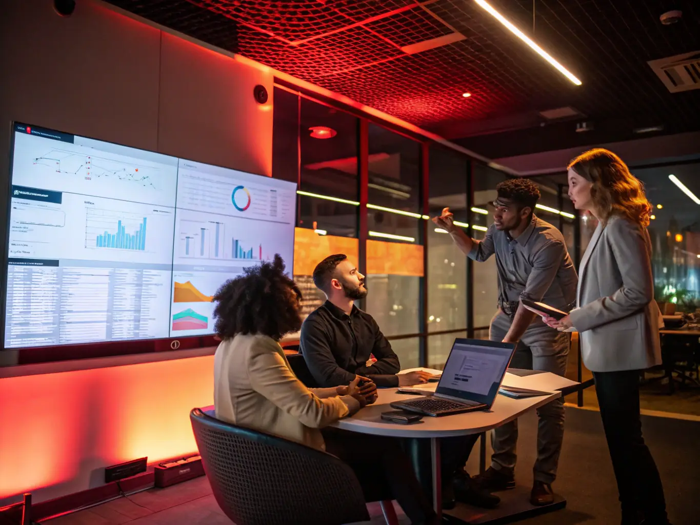 A professional workspace featuring a side-by-side comparison chart of Salesforce and Microsoft Dynamics 365 on a large monitor, with employees analyzing the data.