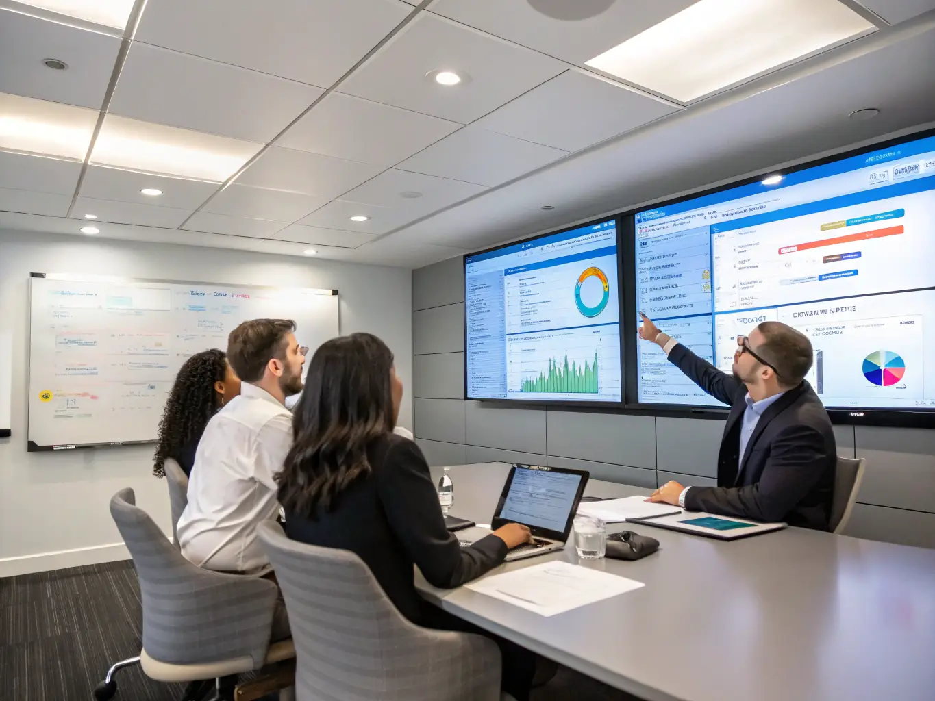 A clean, modern office setting with a team collaborating around a table, reviewing a presentation comparing Salesforce and SAP CRM.