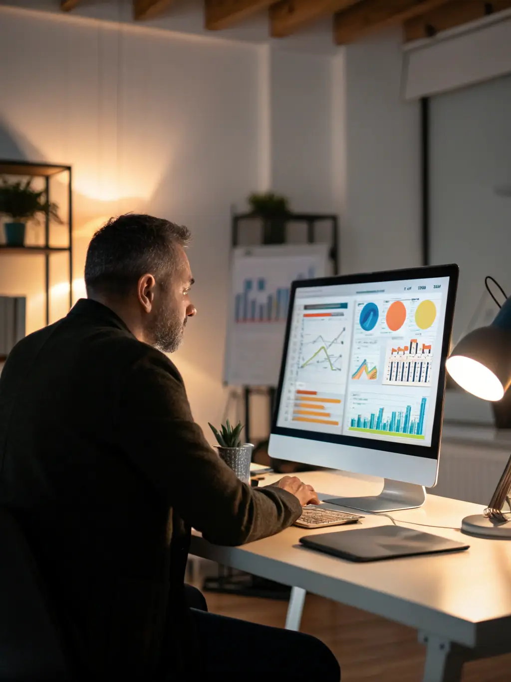 A business owner reviewing Shopmonkey's reporting dashboard on a laptop, showing key performance indicators and financial metrics.