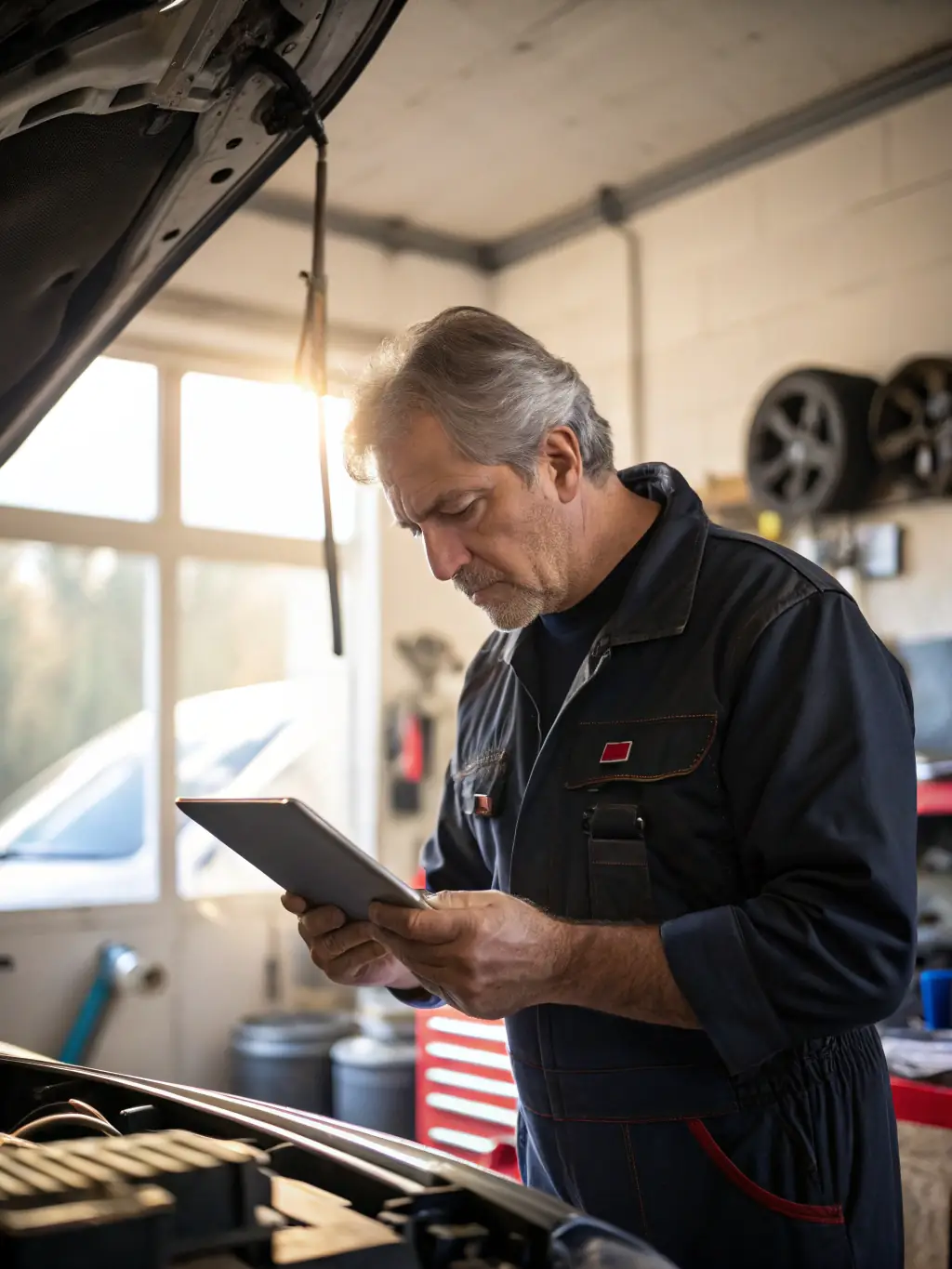 A professional mechanic using Shopmonkey's scheduling feature on a tablet to manage appointments and workflow in a busy auto repair shop.