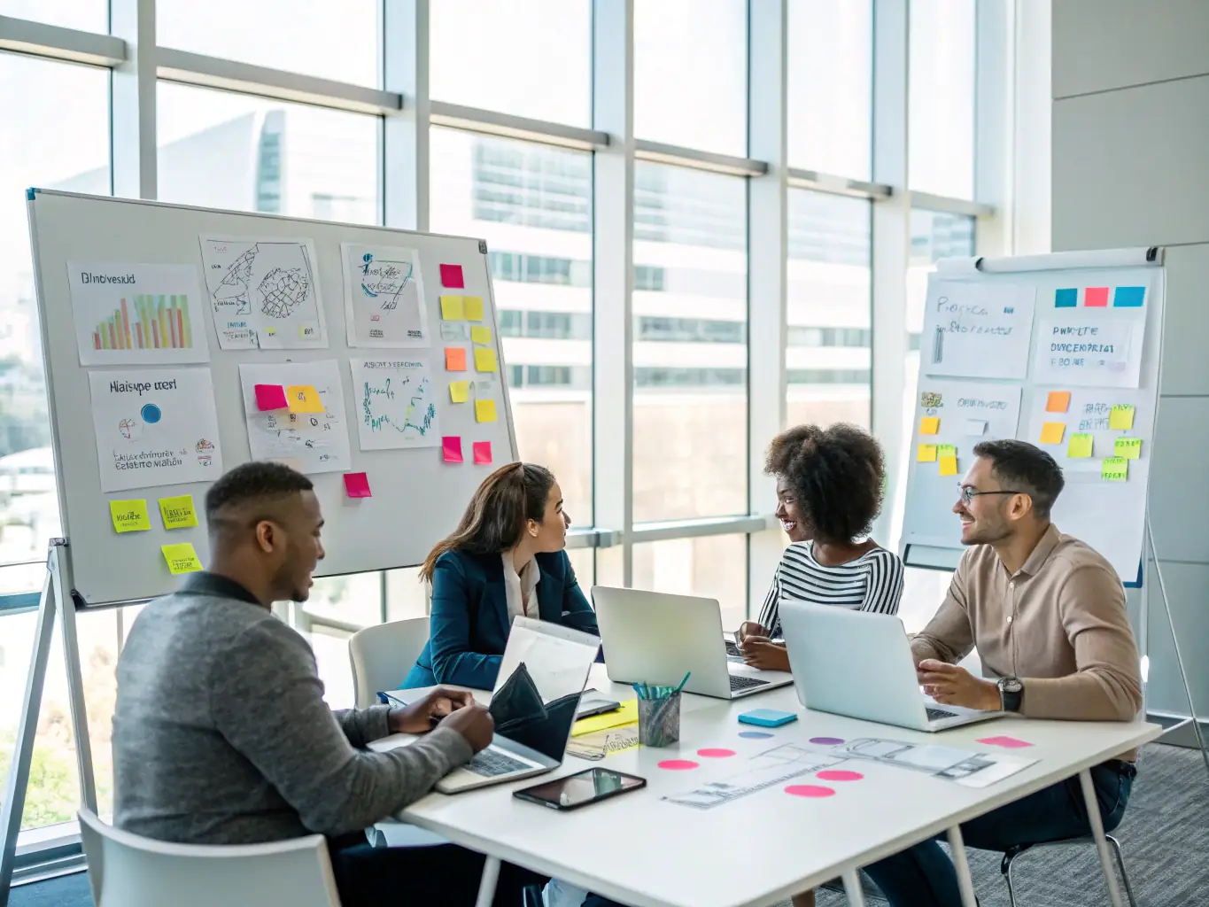 A diverse group of professionals in a tech startup, discussing the benefits of Salesforce compared to other niche CRM solutions on a whiteboard.