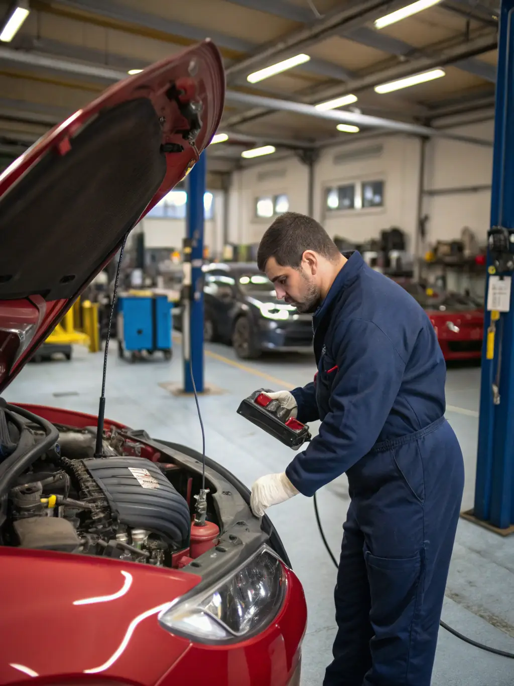 A technician using Shopmonkey's digital vehicle inspection feature on a smartphone, highlighting areas needing repair with annotations.
